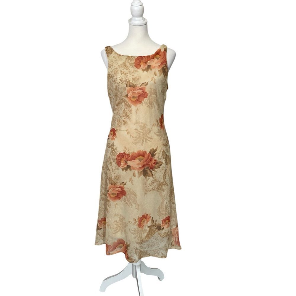 F.L.P Faith Love Passion Floral Midi Dress Size 12 Cream Peach Rose Sleeveless